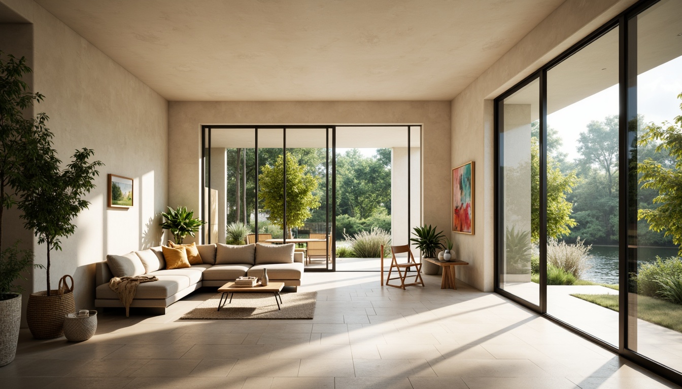 Prompt: Bright open-plan living area, floor-to-ceiling windows, sliding glass doors, natural stone flooring, minimalist decor, greenery walls, potted plants, warm beige tones, soft diffused light, gentle shadows, 1/1 composition, realistic textures, ambient occlusion.