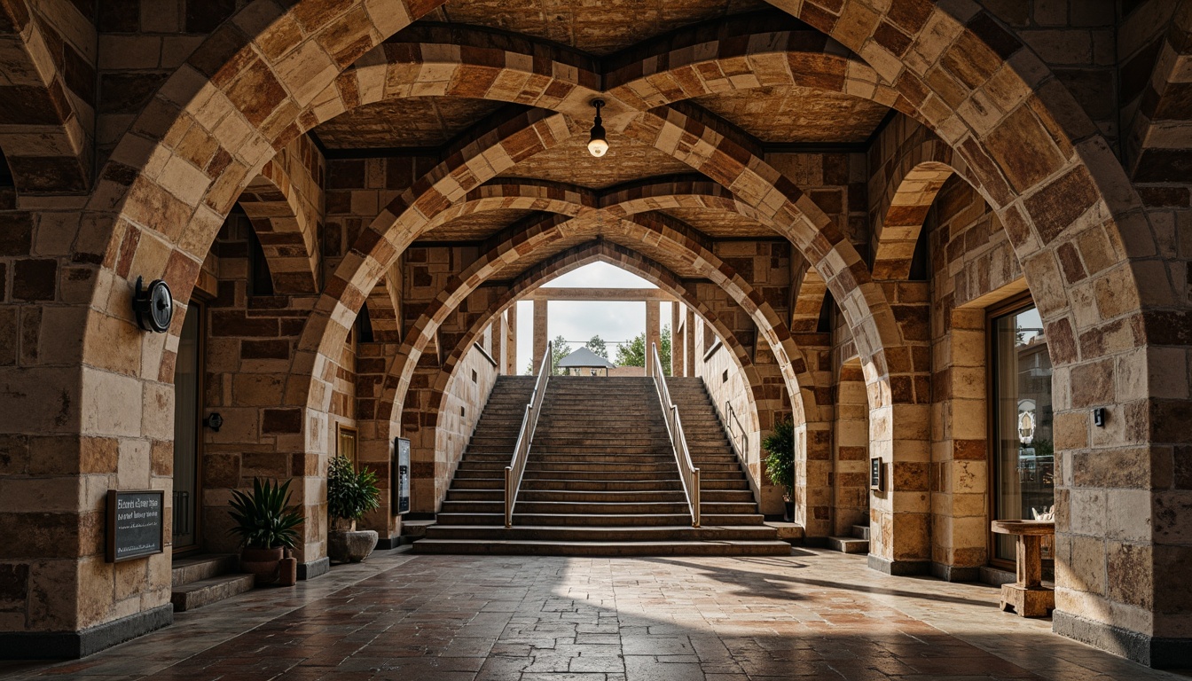 Prompt: Rustic metro station, Romanesque arches, weathered stone walls, ornate carvings, Gothic-inspired columns, vaulted ceilings, grand staircases, intricate masonry patterns, rough-hewn granite, earthy color palette, warm soft lighting, shallow depth of field, 3/4 composition, symmetrical framing, realistic textures, ambient occlusion.