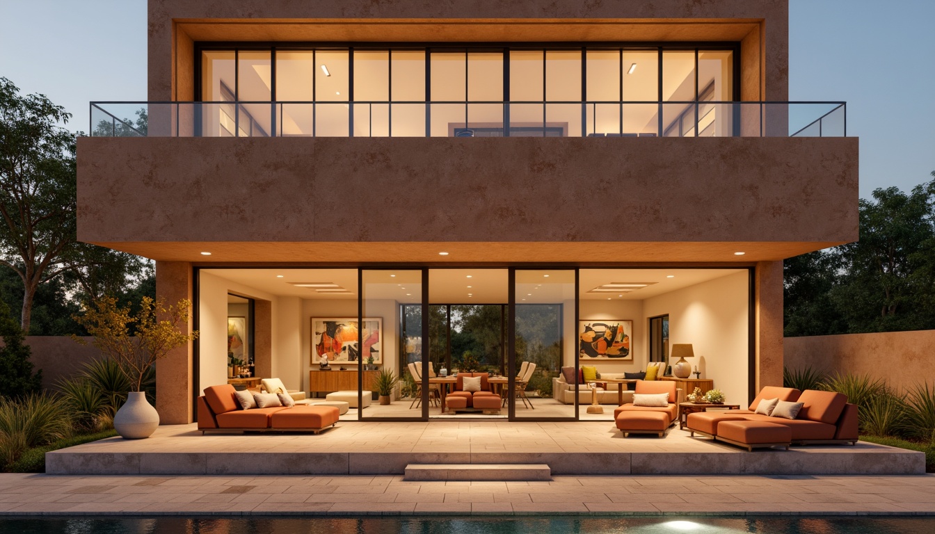 Prompt: Earthy modern villa, sienna-toned stucco exterior, clean lines, minimalist facade, large windows, sliding glass doors, warm beige interiors, natural stone flooring, wooden accents, geometric patterns, abstract artwork, vibrant sienna-hued furniture, ambient warm lighting, shallow depth of field, 1/1 composition, realistic textures, soft focus.