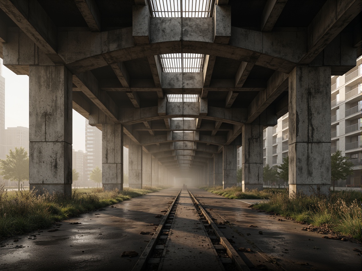 Prompt: Rugged bridge structure, brutalist architectural style, reinforced concrete pillars, exposed ductwork, industrial textures, steel beams, geometric shapes, urban cityscape, misty atmosphere, soft warm lighting, shallow depth of field, 1/1 composition, realistic render, ambient occlusion, metallic materials, rough stone surfaces, dramatic shadows, cinematic mood, functional design elements.