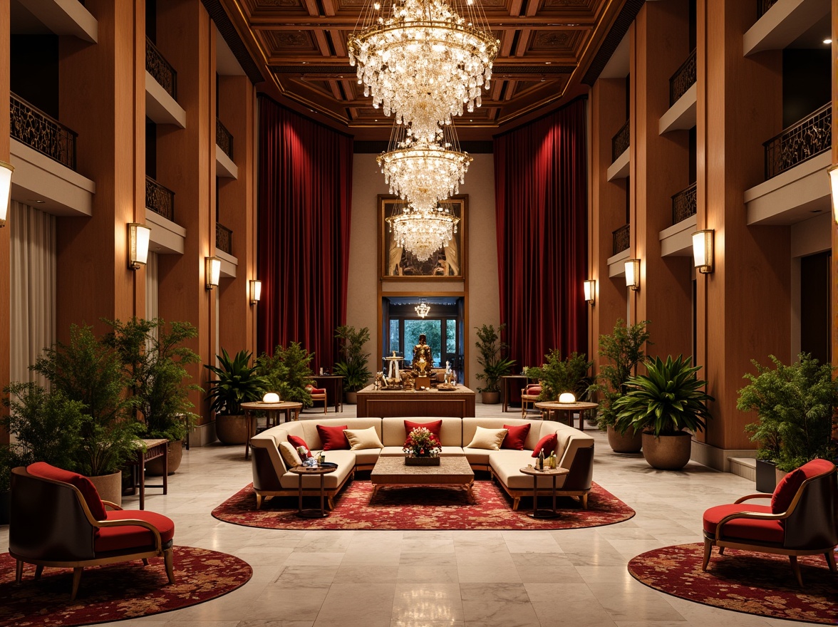 Prompt: Luxurious boutique hotel lobby, rich velvet fabrics, polished marble floors, ornate crystal chandeliers, plush area rugs, sleek metal accents, warm golden lighting, sophisticated color palette, high-end furniture pieces, elegant curves, lavish decorations, luxurious textiles, premium materials, refined ambiance, shallow depth of field, 1/1 composition, realistic reflections, soft focus effect.