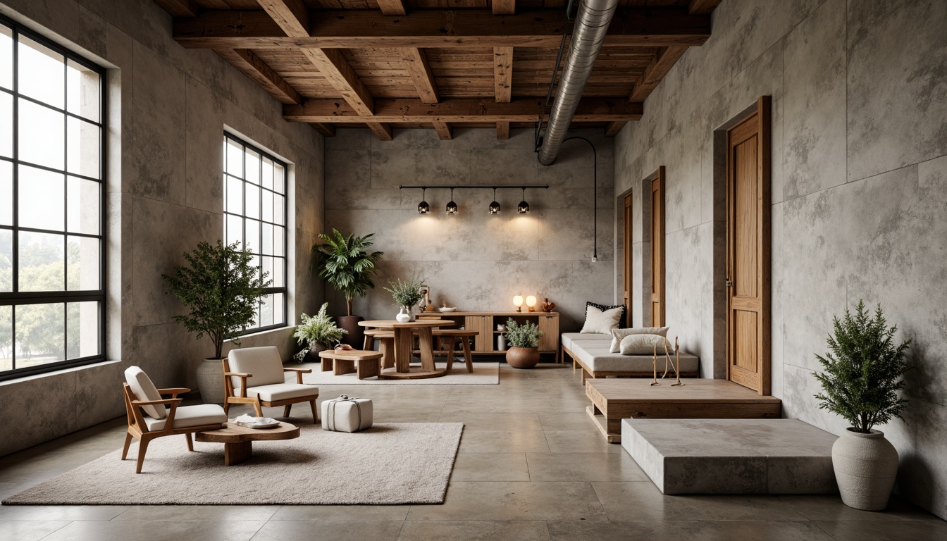 Prompt: Rustic plastered concrete walls, earthy tones, rough textures, organic forms, industrial chic, urban loft atmosphere, exposed ductwork, metal beams, reclaimed wood accents, minimalist decor, soft natural lighting, 1/1 composition, shallow depth of field, realistic renderings, ambient occlusion.