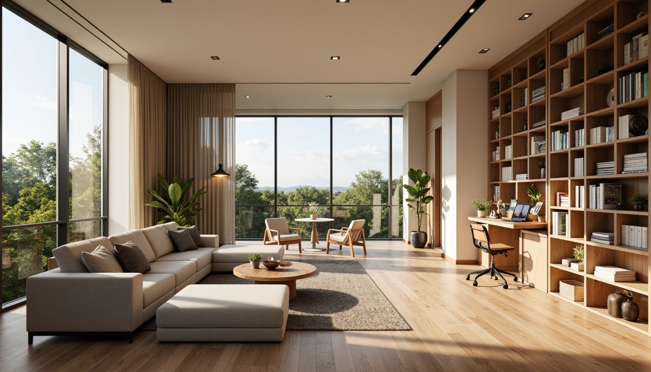 Prompt: Modern living room, sleek wooden flooring, comfortable sofas, minimalist coffee tables, floor-to-ceiling windows, natural light, warm beige walls, cozy reading nooks, built-in shelving units, functional storage solutions, ergonomic desks, adjustable task lamps, plush area rugs, calming color schemes, 1/1 composition, softbox lighting, subtle shadows, realistic textures.