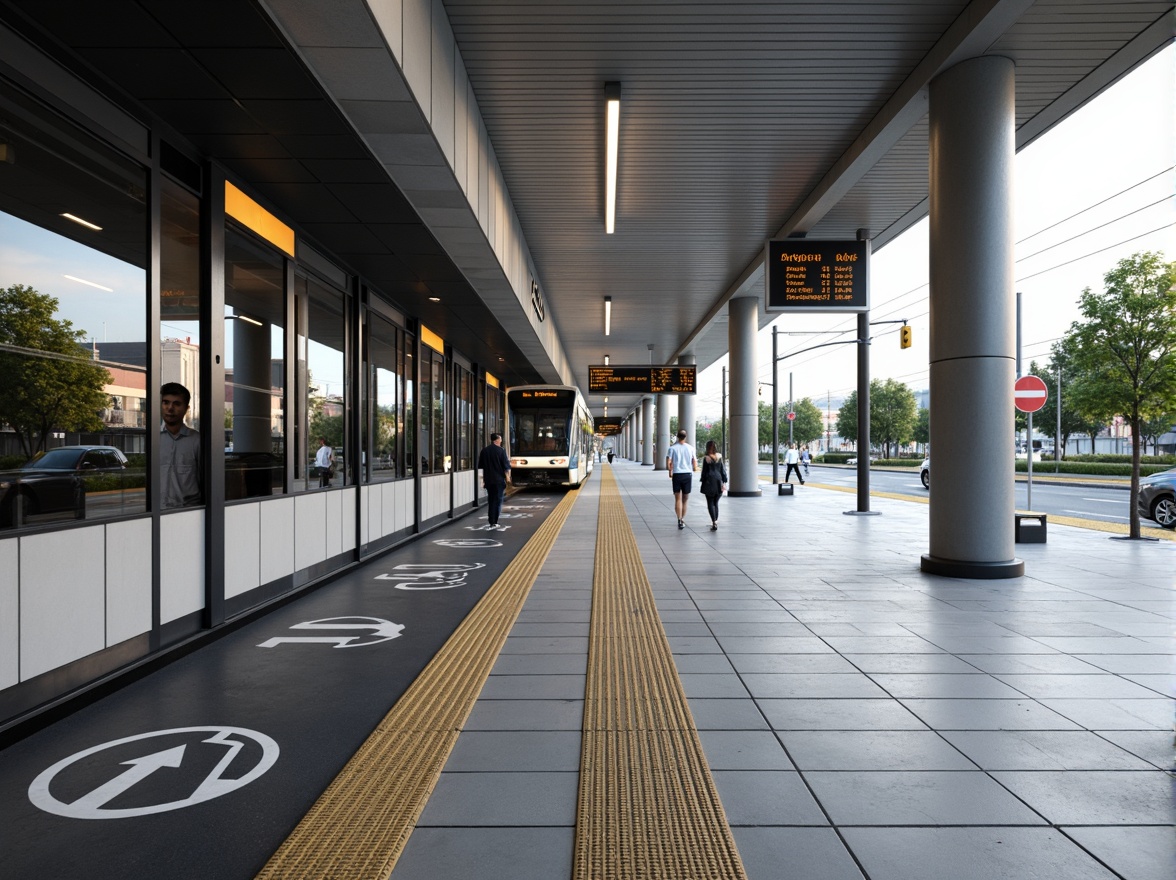 Prompt: Accessible tram station, gentle ramps, wide platforms, tactile markings, audio announcements, Braille signage, elevators with voice guidance, wheelchair-accessible toilets, grab bars, automatic doors, clear wayfinding signs, natural lighting, high-contrast colors, minimal obstacles, open circulation spaces, comfortable seating areas, real-time passenger information displays, modern architectural design, sleek materials, smooth floor finishes, ample headroom, gentle curves, panoramic views, shallow depth of field, 3/4 composition.