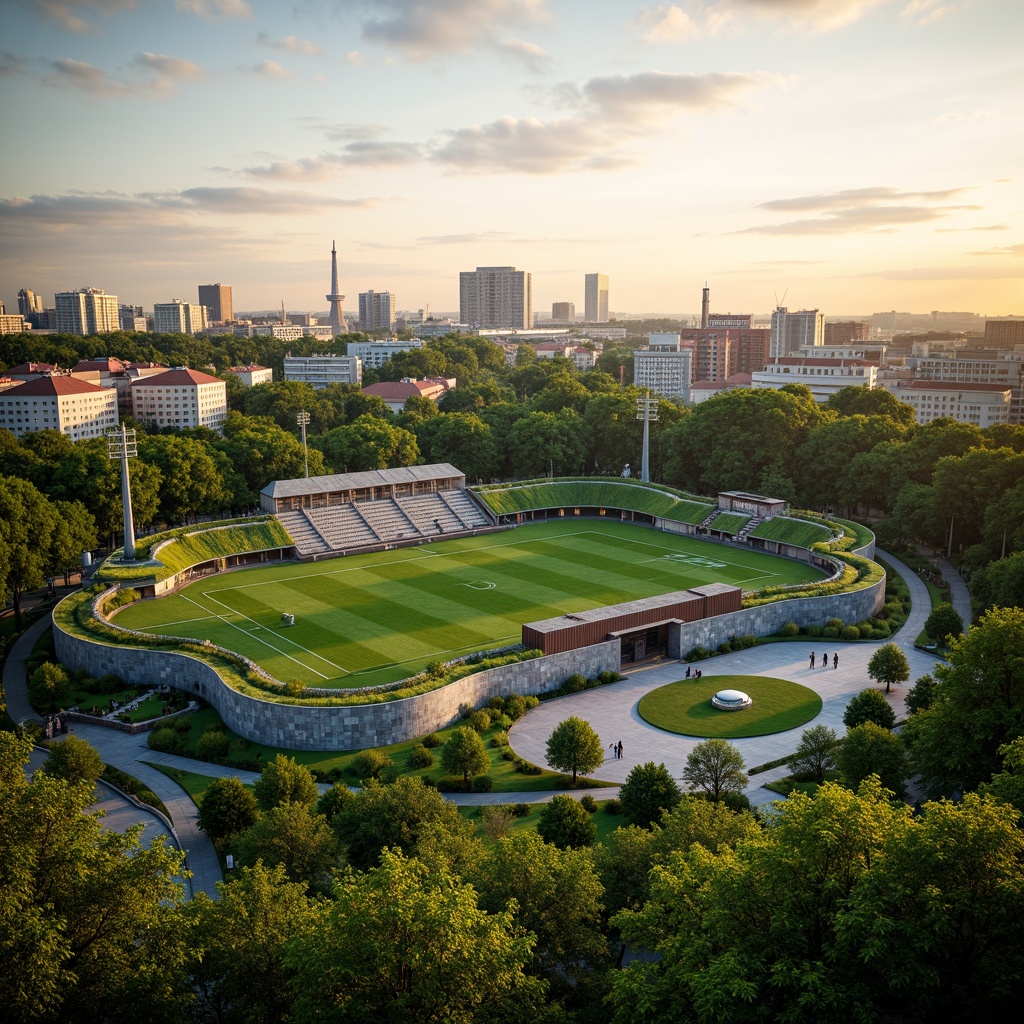 Prompt: Vibrant green roofs, lush vegetation walls, natural stone facades, curved lines, modern stadium architecture, panoramic views, open-air seating areas, scenic overlooks, walking trails, water features, eco-friendly materials, solar panels, wind turbines, sustainable energy solutions, natural ventilation systems, shaded outdoor spaces, misting systems, dynamic lighting effects, dramatic sunsets, warm atmospheric ambiance, 3/4 composition, realistic textures, ambient occlusion.