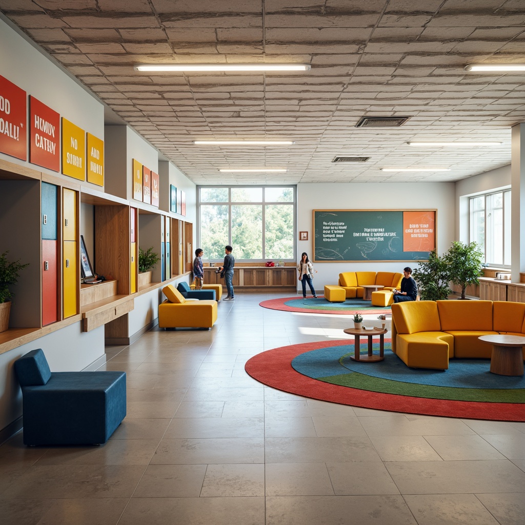 Prompt: Vibrant middle school interior, open corridors, lockers with bold colors, motivational quotes, educational posters, interactive whiteboards, circular seating areas, collaborative workstations, colorful rugs, modern desks, ergonomic chairs, natural wood accents, abundant daylight, soft indirect lighting, 1/1 composition, realistic textures, ambient occlusion.