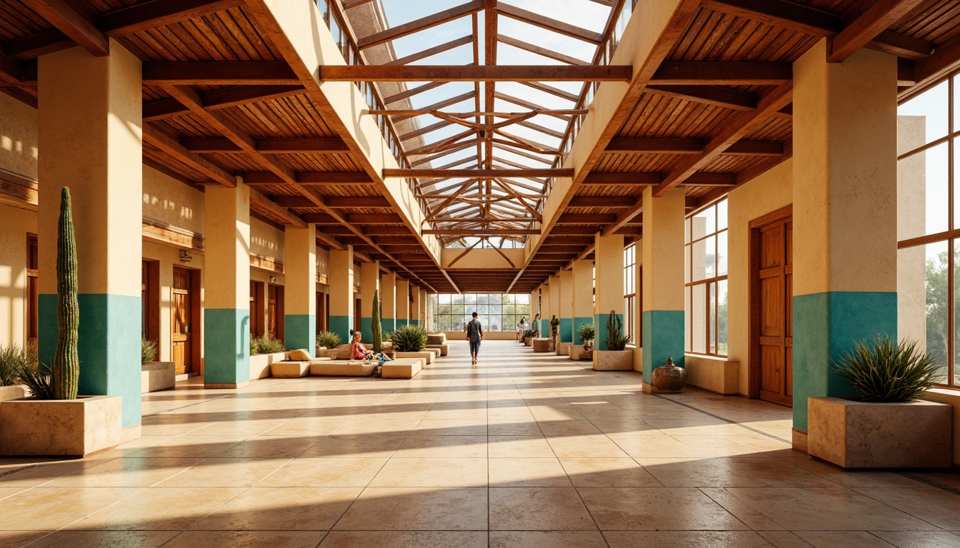 Prompt: Vibrant desert metro station, warm beige walls, sandy stone floors, turquoise accents, rust-colored metal beams, glass ceilings, natural light pouring in, cacti-inspired pillars, geometric patterns, earthy tones, terracotta hues, soft warm lighting, shallow depth of field, 3/4 composition, panoramic view, realistic textures, ambient occlusion.