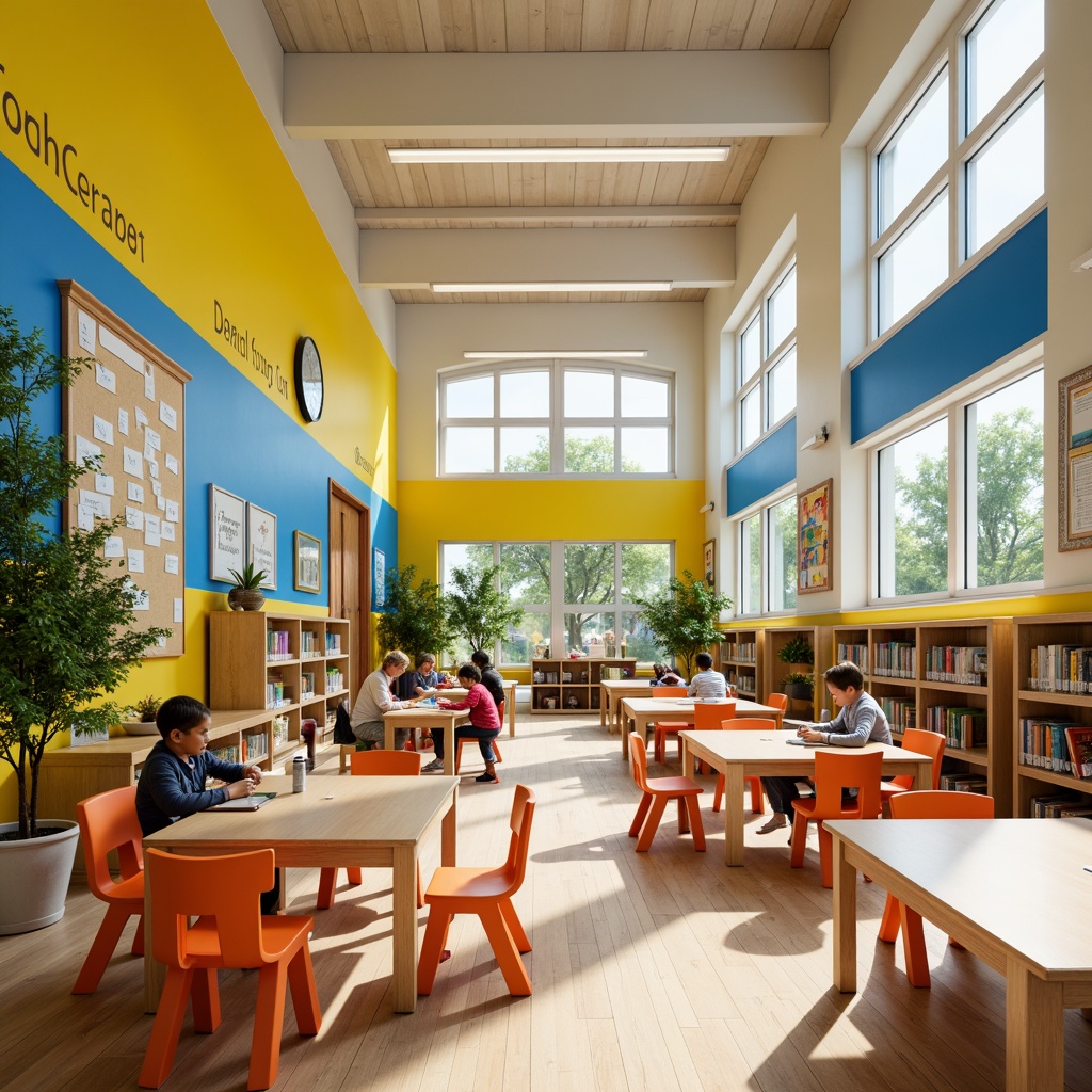 Prompt: Vibrant elementary school, playful yellow walls, bright blue accents, cheerful orange furniture, calming green classrooms, inspiring quote decals, educational charts, interactive whiteboards, natural wood floors, open concept libraries, cozy reading nooks, collaborative learning spaces, soft overhead lighting, 1/1 composition, warm and inviting atmosphere, realistic textures, ambient occlusion.