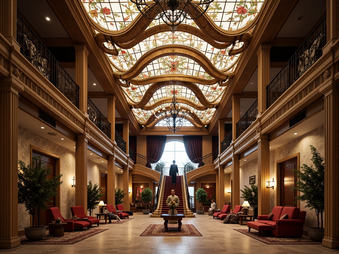 Prompt: Luxurious hotel lobby, ornate ironwork, sinuous lines, flowing curves, organic forms, intricate patterns, stained glass ceiling, grand chandelier, marble floors, velvet drapes, plush furnishings, elegant staircase, ornate banisters, lavish decor, warm golden lighting, shallow depth of field, 1/2 composition, realistic textures, ambient occlusion.