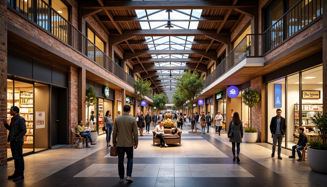 Prompt: Rustic shopping center, exposed brick walls, wooden accents, natural stone floors, metallic railings, vibrant signage, modern minimalist lighting, airy open spaces, bustling crowds, warm inviting atmosphere, shallow depth of field, 1/1 composition, realistic textures, ambient occlusion.