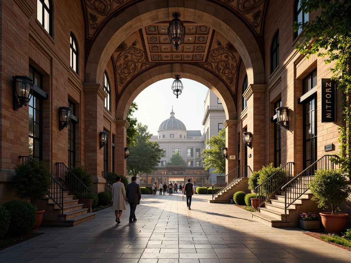 Prompt: Grand metro station entrance, ornate stone carvings, arched windows, rustic brick walls, vintage lanterns, lush greenery, flowering vines, intricate mosaics, ornamental fountains, grand staircases, high ceilings, dramatic lighting, warm earthy tones, Romanesque columns, vaulted roofs, urban cityscape, morning sunlight, shallow depth of field, 1/1 composition, realistic textures, ambient occlusion.