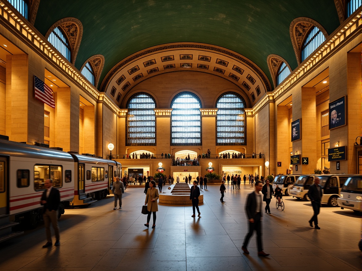 Prompt: Grand metro station, Romanesque archways, ornate columns, vaulted ceilings, intricate mosaics, warm golden lighting, bustling pedestrian traffic, modern transportation hubs, sleek trains, stainless steel rails, urban cityscape, vibrant street art, ancient-inspired architectural details, grand staircases, elegant chandeliers, luxurious marble floors, cozy waiting lounges, panoramic views, shallow depth of field, 3/4 composition, realistic textures, ambient occlusion.