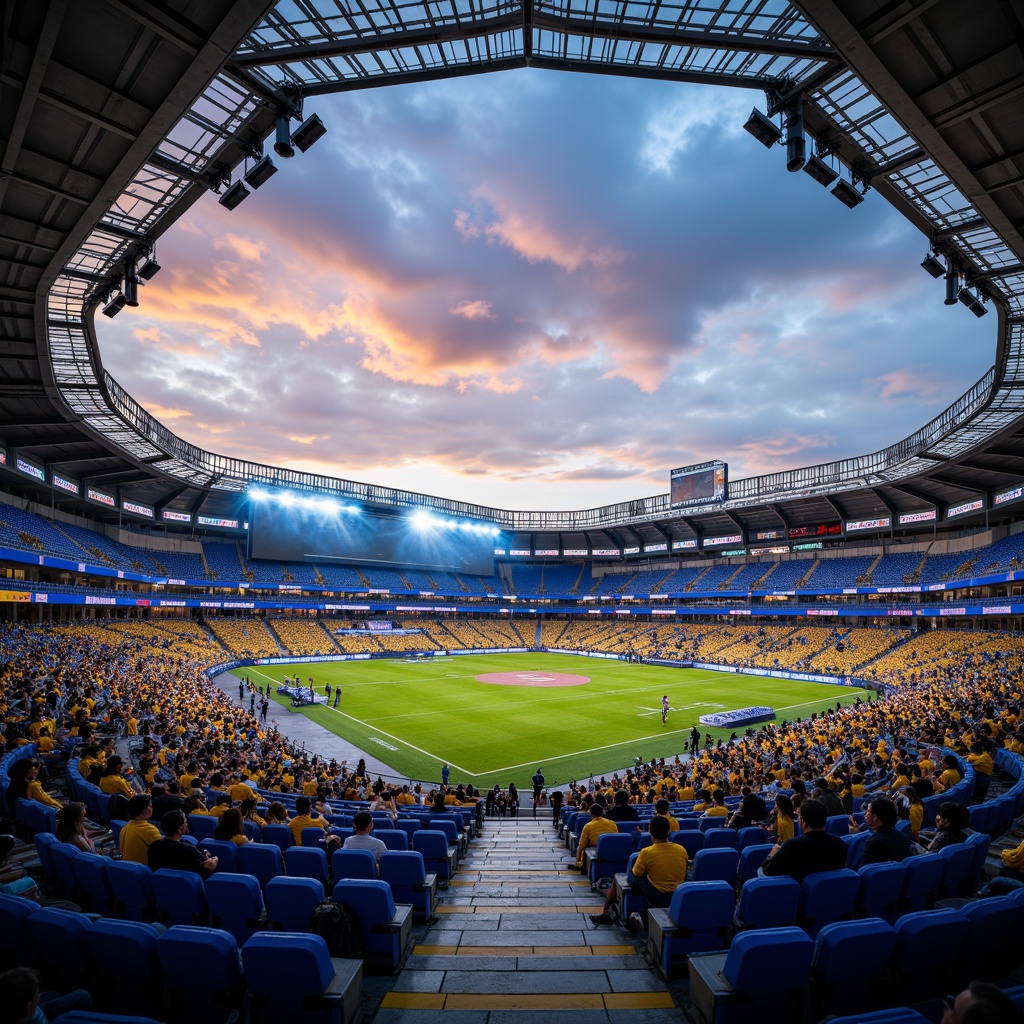 Prompt: Vibrant stadium atmosphere, bold team colors, electric blue seating, bright yellow accents, warm beige concrete, dynamic LED lighting, evening sunset glow, atmospheric mist, dramatic floodlights, angular modern architecture, sleek metal beams, polished glass fa\u00e7ade, spacious open concourse, bustling crowd energy, lively sports vibe, intense competition spirit, panoramic cityscape view, shallow depth of field, 1/1 composition, realistic textures, ambient occlusion.