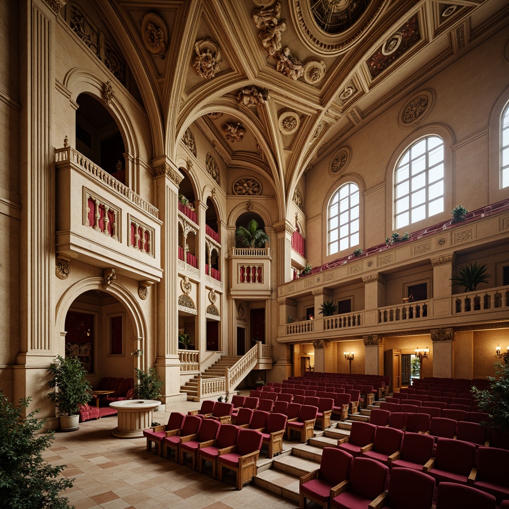 Prompt: Intricate stone carvings, ornate architectural details, grand auditorium, Romanesque arches, ribbed vaults, textured stucco walls, warm beige color palette, rustic wooden accents, intricate mosaics, stained glass windows, soft warm lighting, shallow depth of field, 2/3 composition, realistic textures, ambient occlusion, ornate balconies, curved staircases, rich velvet drapes, gilded ornaments, luxurious furnishings.