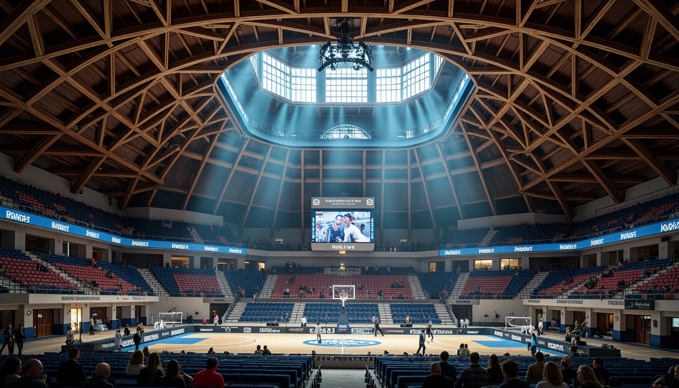 Prompt: Grand Gothic sports arena, intricately designed roof trusses, ornate ribbed vaults, pointed arches, flying buttresses, stained glass windows, richly colored stone walls, luxurious wooden accents, modern athletic equipment, spotlights, shiny metal railings, vibrant team colors, dynamic LED lighting, atmospheric misting systems, 3/4 composition, low-angle shot, dramatic shadows, high-contrast lighting, detailed textures, ambient occlusion.