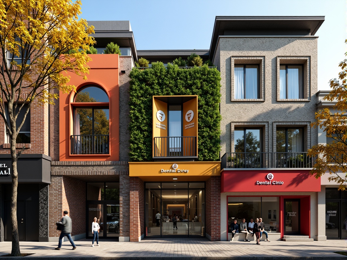 Prompt: Vibrant dental clinic facade, eclectic architecture, bold color schemes, intricate patterns, ornate details, mixed materials, brick and stone cladding, metallic accents, large windows, glass doors, decorative awnings, lush green walls, vertical gardens, modern signage, abstract sculptures, warm lighting, shallow depth of field, 1/1 composition, realistic textures, ambient occlusion, bustling urban streetscape, morning sunlight, soft focus.