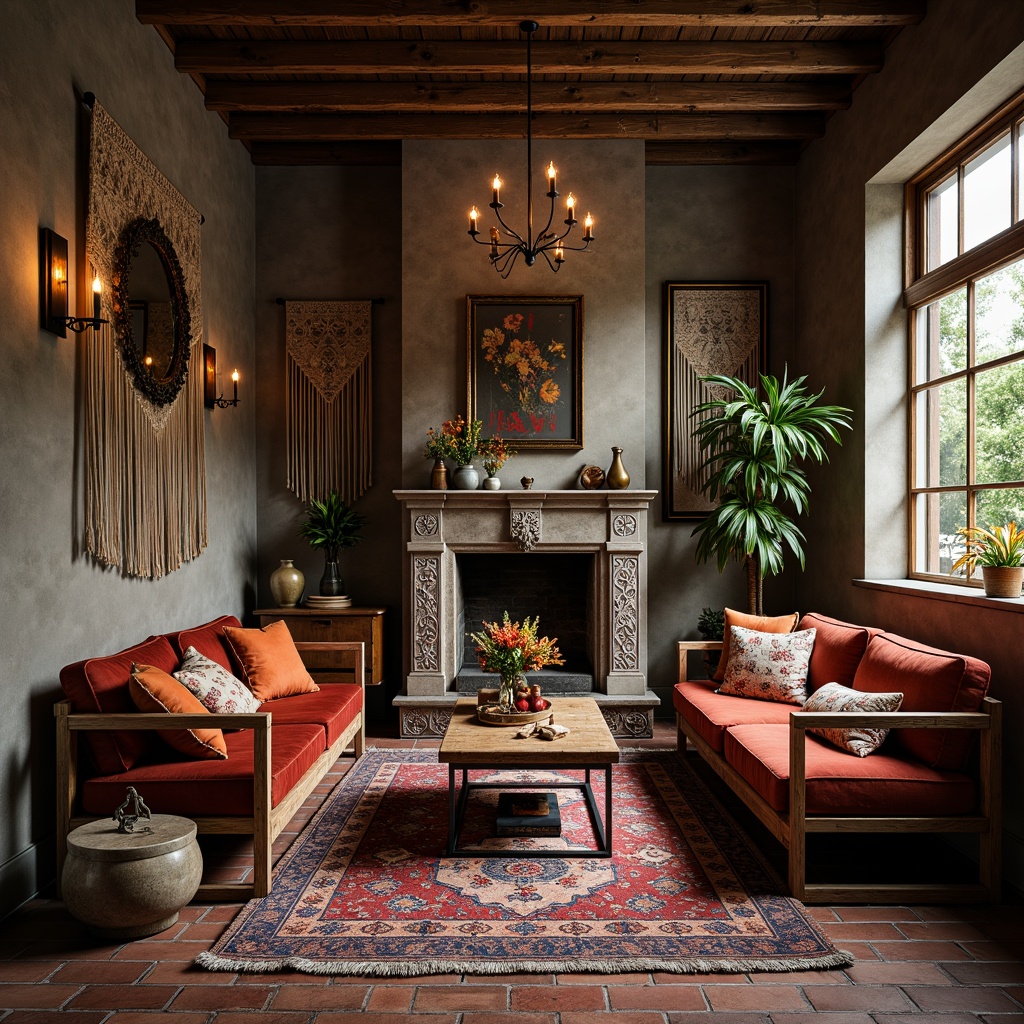 Prompt: Vibrant bohemian living room, distressed wooden furniture, velvet upholstery, ornate metal frames, Moroccan-inspired tiles, plush area rugs, macrame wall hangings, eclectic art pieces, mixed metallic accents, antique artifacts, warm candlelight, shallow depth of field, 1/1 composition, moody atmospheric lighting, realistic textures, ambient occlusion.