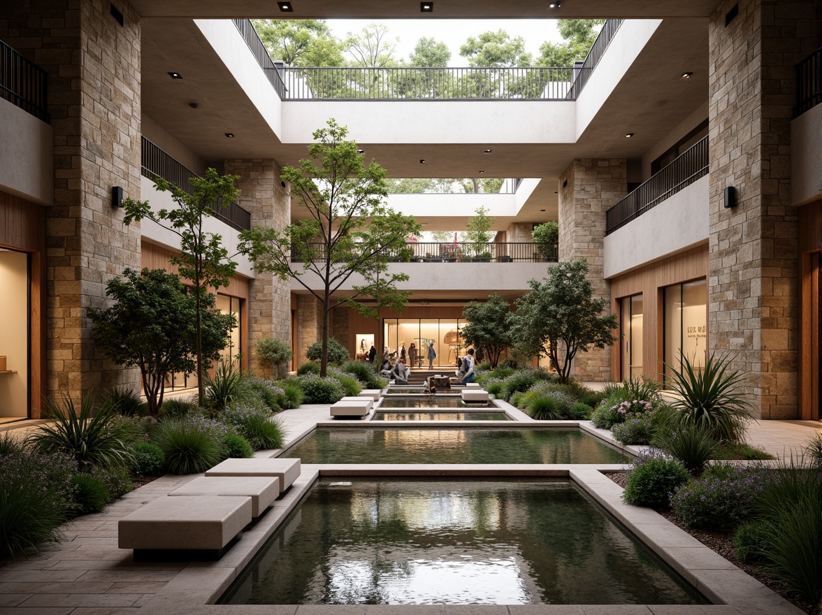 Prompt: Rustic shopping center, textured stone walls, wooden accents, natural light pouring in, high ceilings, open atriums, lush greenery, water features, koi ponds, modern minimalist benches, sleek metal railings, warm ambient lighting, shallow depth of field, 1/1 composition, realistic textures, ambient occlusion, soft focus, subtle color palette.