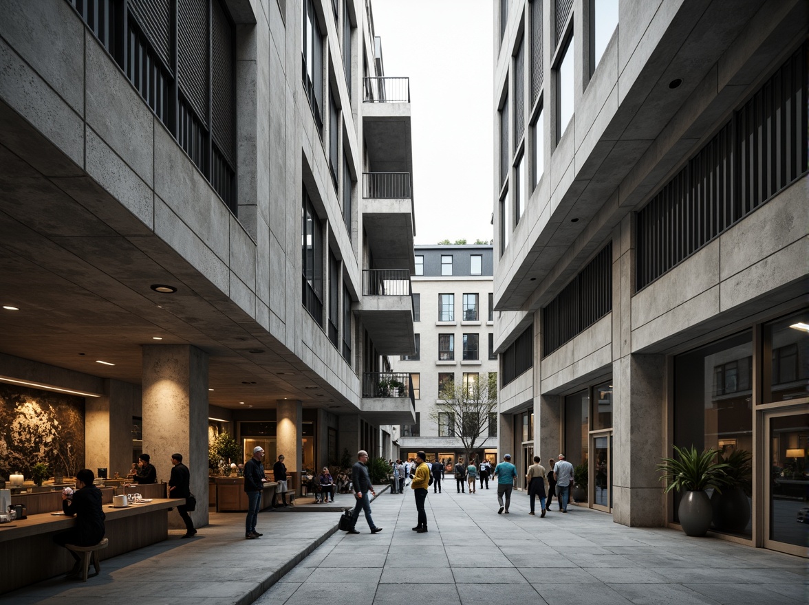 Prompt: Concrete brutalist buildings, rugged stone facades, metal grid structures, cantilevered roofs, floor-to-ceiling windows, minimalist interior design, industrial chic aesthetic, reclaimed wood accents, polished concrete floors, natural light pouring in, moody atmospheric lighting, dramatic shadows, 1/1 composition, symmetrical framing, urban cityscape, busy street scene, modern metropolitan vibe, abstract geometric patterns, monochromatic color scheme.