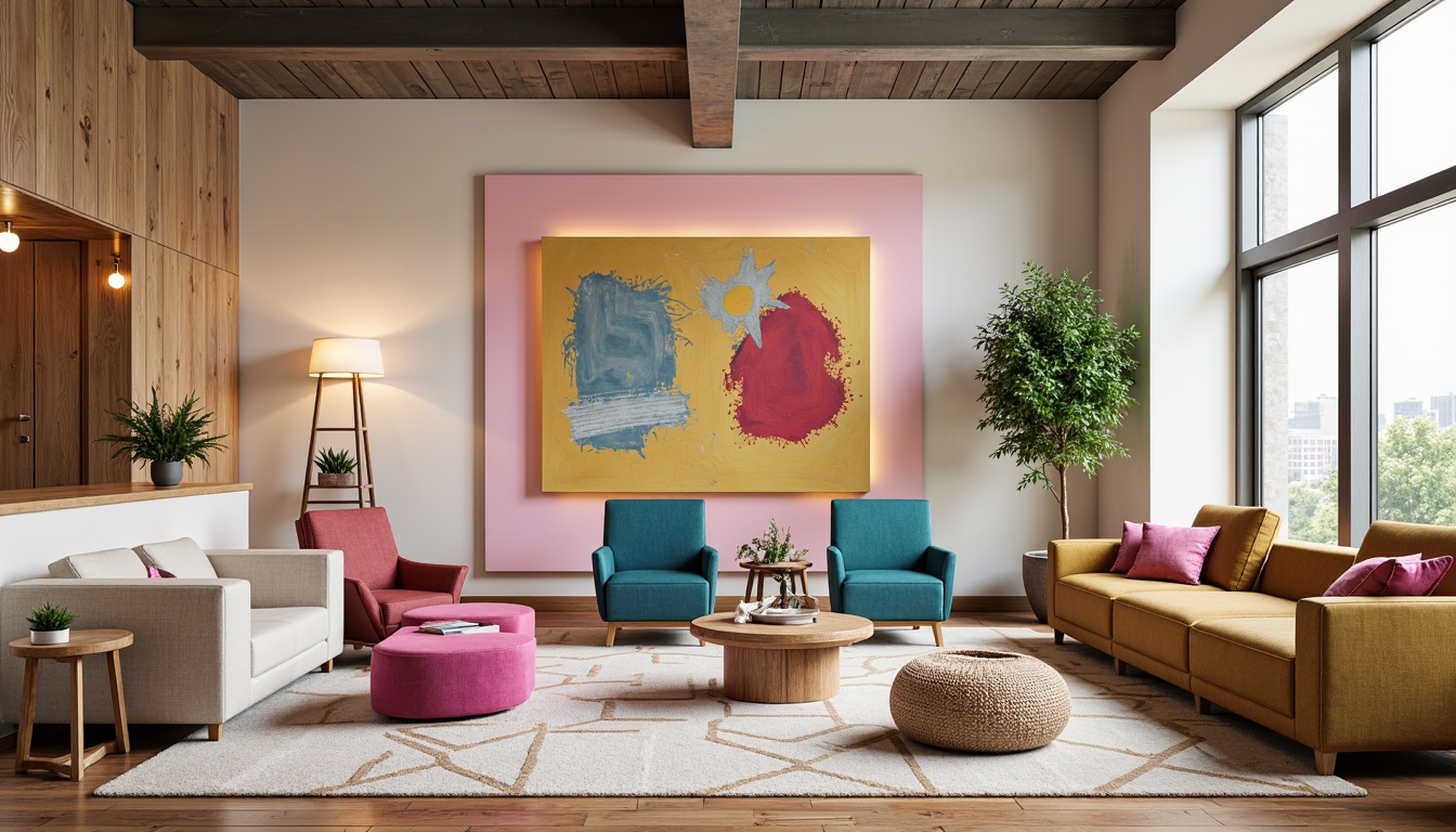 Prompt: Vibrant modern interior, trendy furniture, bold accent walls, pastel color scheme, soft natural light, creamy whites, rich wood tones, metallic accents, geometric patterns, luxurious fabrics, statement lighting fixtures, urban loft atmosphere, 3/4 composition, shallow depth of field, warm and inviting ambiance.