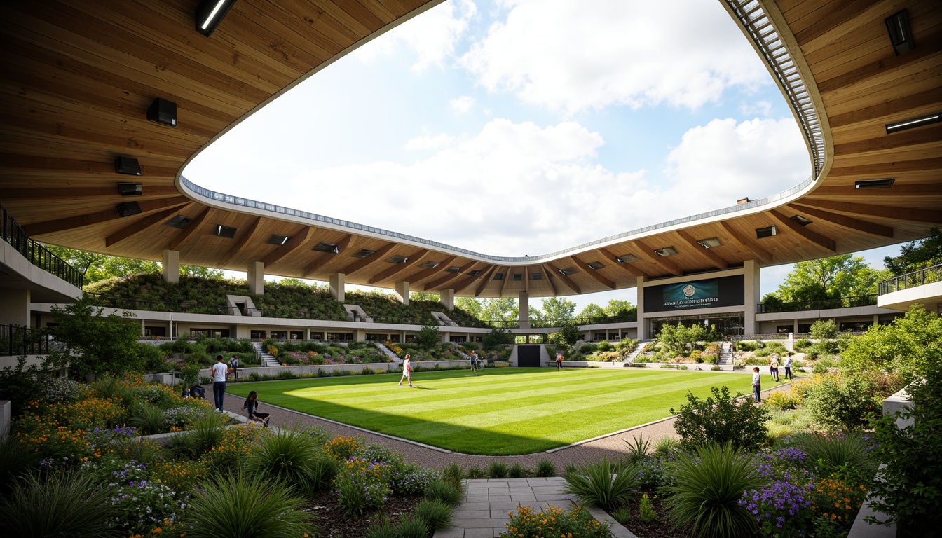 Prompt: Eco-friendly stadium, undulating green roofs, living walls, solar panels, wind turbines, rainwater harvesting systems, natural ventilation, curvaceous lines, organic forms, minimalist design, recycled materials, reclaimed wood accents, lush greenery, vibrant flowers, native plants, soft warm lighting, shallow depth of field, 3/4 composition, panoramic view, realistic textures, ambient occlusion.