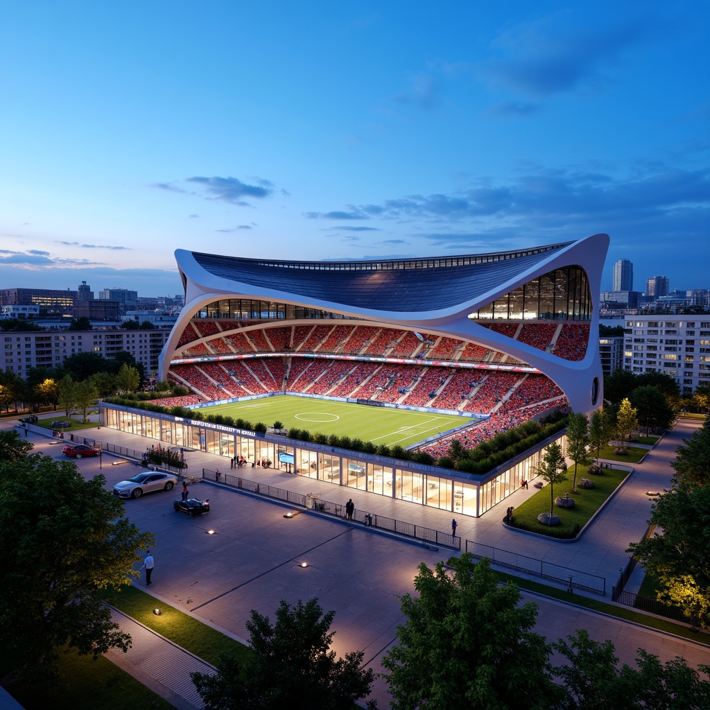 Prompt: Vibrant football stadium, curved dynamic facade, undulating rooflines, sleek metallic cladding, angular supporting beams, cantilevered upper tiers, grand entrance archways, floodlit evening atmosphere, lush green landscaping, modern urban surroundings, bustling streetscape, clear blue sky, warm sunny day, dramatic shadowplay, high-contrast lighting, 1/2 composition, symmetrical framing, realistic textures, ambient occlusion.