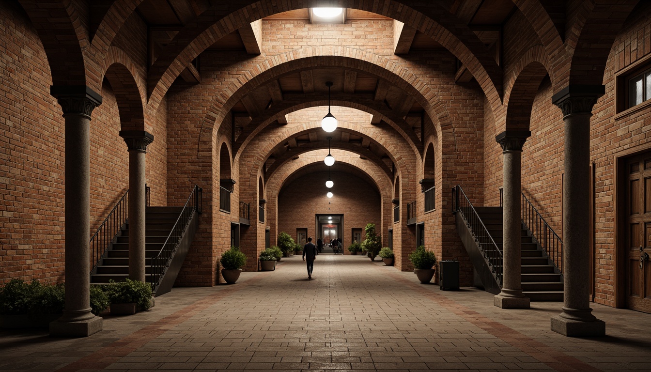 Prompt: Rustic metro station, archaic stone walls, rugged brick facades, vaulted ceilings, ornate columns, grand entrance halls, dramatic staircases, richly textured stonework, warm earthy tones, atmospheric lighting, soft shadows, 3/4 composition, symmetrical framing, realistic materials, ambient occlusion.Please let me know if this meets your requirements!