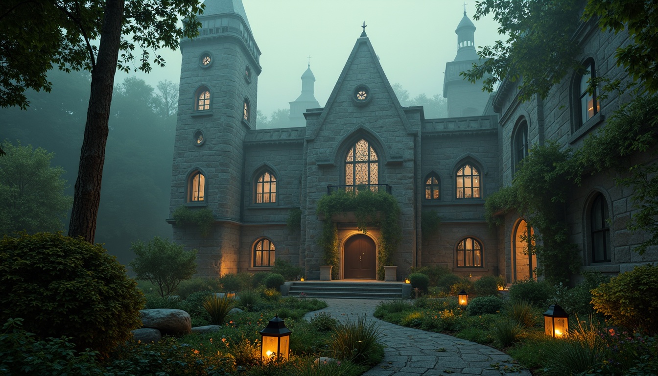 Prompt: Mysterious medieval castle, grandiose stone walls, towering spires, stained glass windows, ornate carvings, lush greenery, misty atmosphere, eerie fog, winding stone paths, ancient trees, overgrown ruins, mystical lanterns, warm golden lighting, dramatic shadows, cinematic composition, atmospheric perspective, detailed textures, ambient occlusion.