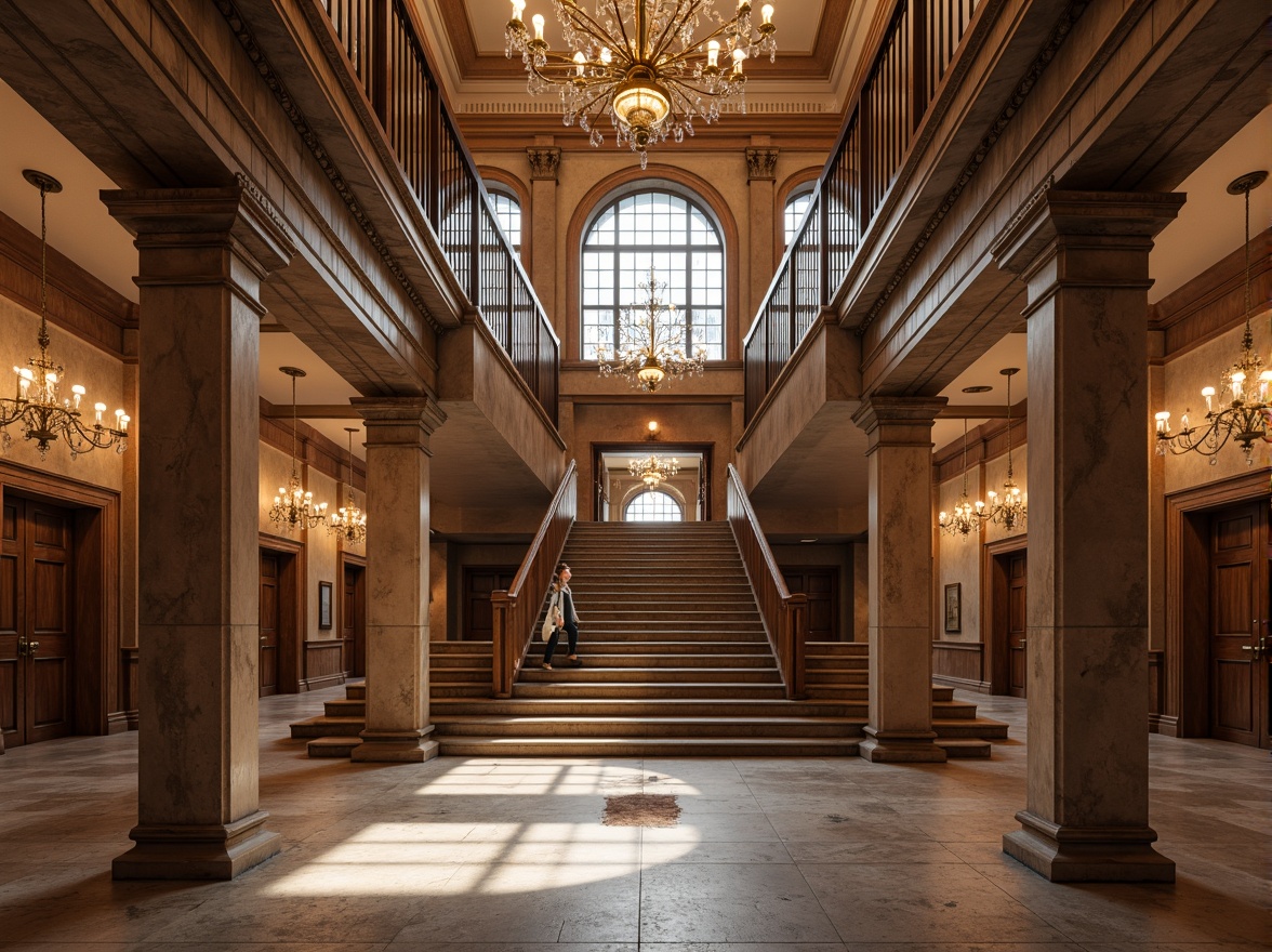 Prompt: Grand courthouse facade, classical columns, ornate stone carvings, symmetrical architecture, imposing entrance, majestic staircase, high ceilings, intricate moldings, decorative pediments, rusticated base, Corinthian capitals, traditional brickwork, earthy tone color scheme, natural stone flooring, rich wood paneling, grand chandeliers, soft warm lighting, shallow depth of field, 1/2 composition, realistic textures, ambient occlusion.