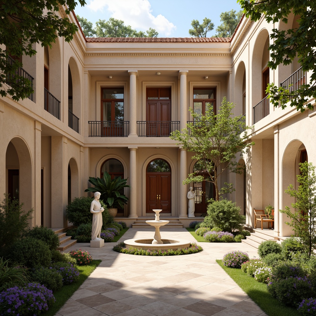 Prompt: Timeless classical fa\u00e7ade, warm beige stone walls, soft creamy columns, ornate golden details, rich brown wooden doors, subtle terracotta roof tiles, elegant white marble statues, lush greenery, vibrant flower arrangements, ornamental fountain, serene courtyard, natural stone pathways, classic symmetrical composition, harmonious color balance, soft diffused lighting, 1/1 perspective, realistic textures, ambient occlusion.