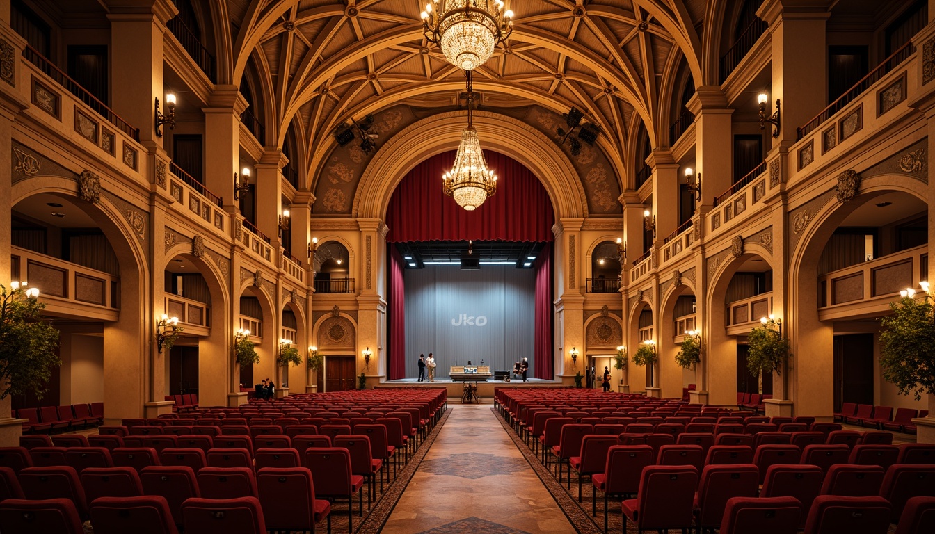 Prompt: Grand auditorium, Romanesque arches, vaulted ceilings, ornate columns, intricate carvings, warm golden lighting, richly patterned rugs, plush red seats, polished marble floors, grand chandeliers, dramatic stage lighting, 3/4 composition, symmetrical architecture, soft focus blur, realistic textures, ambient occlusion.