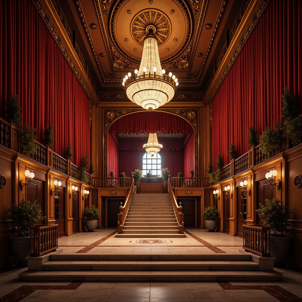 Prompt: Rich velvet curtains, ornate golden details, grand crystal chandeliers, majestic high ceilings, opulent red and gold color scheme, intricate Baroque patterns, lavish marble floors, dramatic stage lighting, mysterious backstage areas, grand staircase, luxurious VIP boxes, soft warm glow, shallow depth of field, 3/4 composition, realistic textures, ambient occlusion.