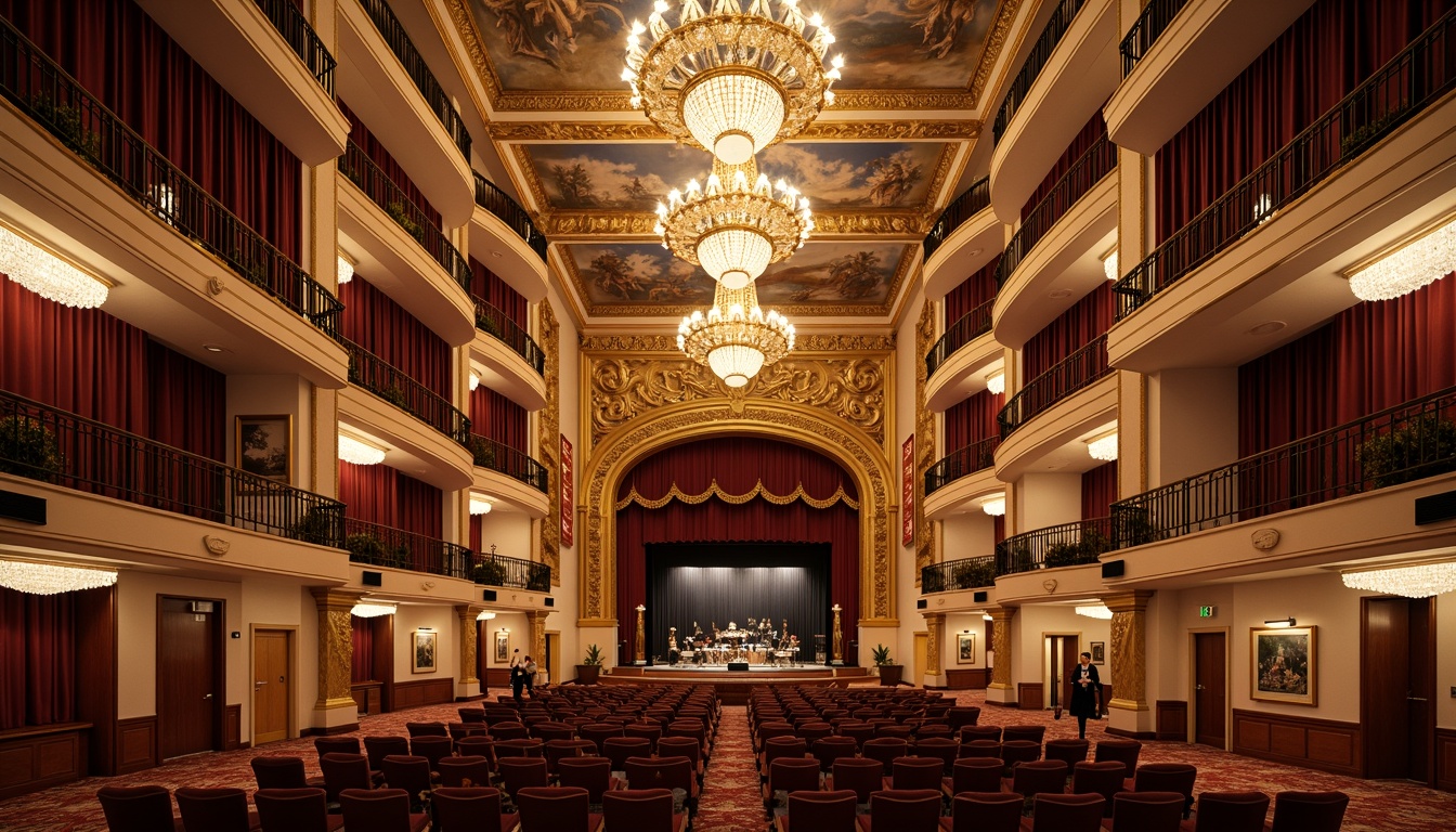 Prompt: Grand concert hall, opulent chandeliers, intricately carved wooden panels, plush velvet seating, ornate golden accents, majestic stage curtains, dramatic lighting fixtures, sweeping archways, lavish fresco ceilings, richly patterned rugs, acoustic soundproofing, precise speaker placement, regal balconies, elegant staircases, subtle ambient illumination, warm beige tones, 1/2 composition, shallow depth of field, realistic textures, soft focus background.