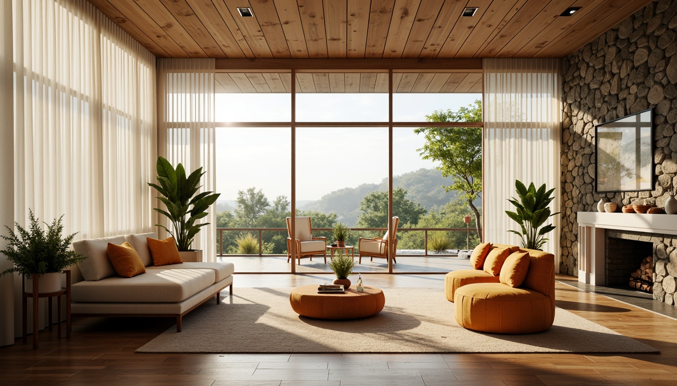 Prompt: Vibrant living room, floor-to-ceiling windows, sheer curtains, natural stone walls, wooden floors, minimalist decor, greenery accents, soft warm lighting, shallow depth of field, 1/1 composition, panoramic view, realistic textures, ambient occlusion.