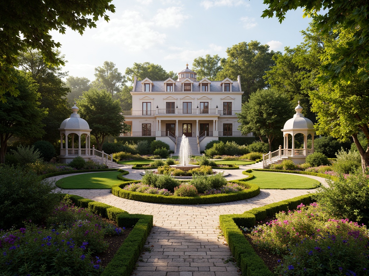 Prompt: Ornate baroque palace, lush greenery, manicured lawns, ornamental fountains, grand staircases, symmetrical gardens, vibrant flowerbeds, intricately designed hedges, majestic trees, rustic stone pathways, decorative lanterns, soft warm lighting, shallow depth of field, 3/4 composition, panoramic view, realistic textures, ambient occlusion.