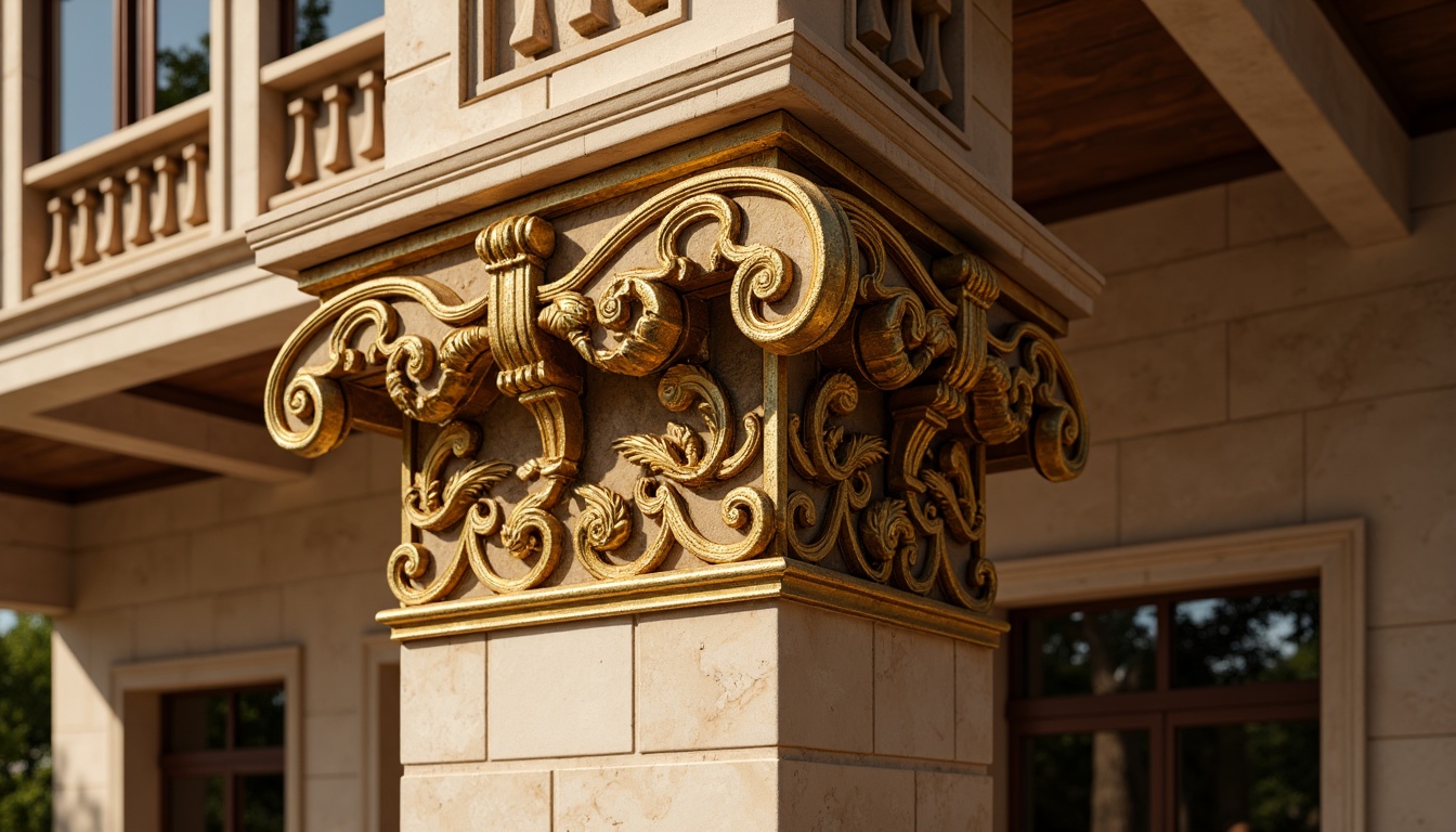 Prompt: Ornate column, golden capitals, carved acanthus leaves, spiraling volutes, ornamental moldings, richly textured marble, warm beige stone, grandiose architectural details, opulent decorative elements, intricate carvings, gilded accents, lavish ornamentation, dramatic lighting, deep shadows, high-contrast rendering, detailed textures, realistic materials.