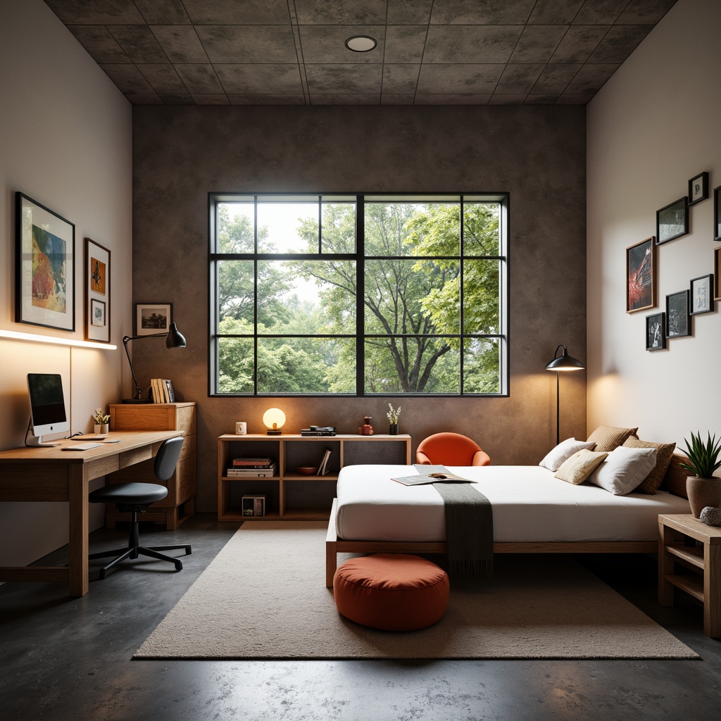 Prompt: Minimalist dorm room, functional furniture, geometric shapes, primary color accents, industrial materials, steel frames, concrete floors, Bauhaus-inspired decor, abstract art pieces, asymmetrical compositions, clean lines, rectangular forms, circular motifs, bold typography, functional lighting, task lamps, ambient glow, 1/1 composition, high contrast, dramatic shadows, realistic textures, subtle animations.