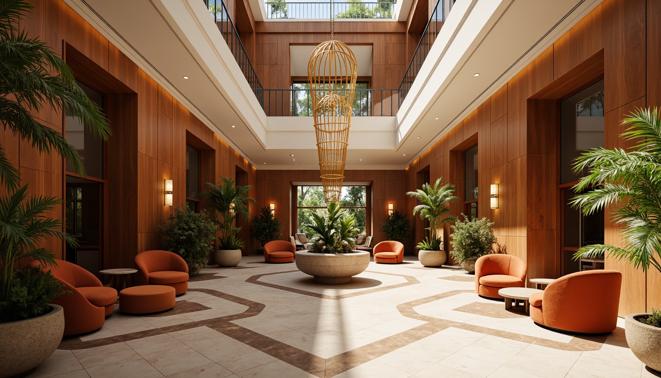 Prompt: Vibrant hotel lobby, rich wood accents, warm beige tones, plush velvet furniture, metallic gold fixtures, luxurious marble floors, elegant chandeliers, soft ambient lighting, natural stone walls, tropical plants, sunny atrium, 3/4 composition, shallow depth of field, realistic textures, ambient occlusion.