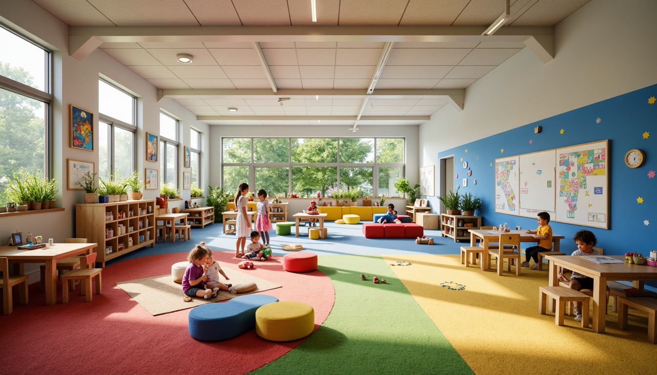 Prompt: Vibrant kindergarten playground, colorful murals, soft carpeted floors, educational toys, interactive whiteboards, kid-friendly furniture, collaborative learning zones, natural light-filled classrooms, wooden tables, ergonomic chairs, creative art stations, imaginative play areas, sensory exploration spaces, cozy reading nooks, gentle ambient lighting, shallow depth of field, 3/4 composition, panoramic view, realistic textures, ambient occlusion.