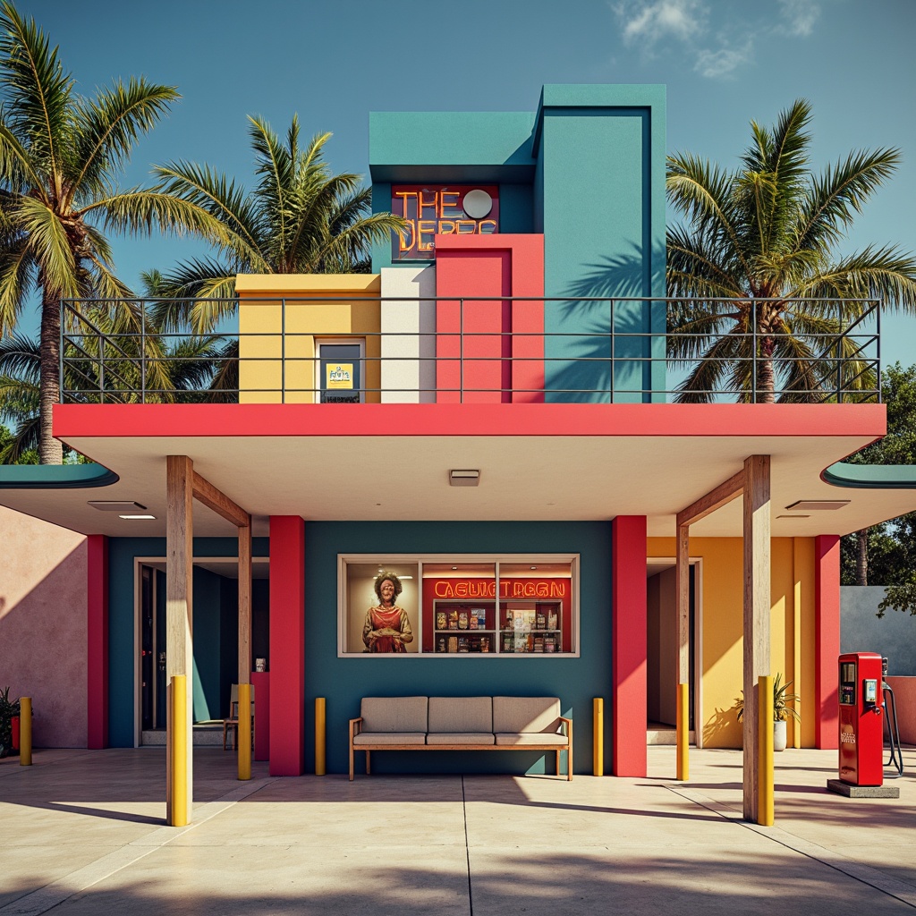 Prompt: Vibrant gas station, bold primary colors, geometric shapes, industrial materials, steel beams, concrete structures, minimalist aesthetic, functional design, neon signage, retro-futuristic vibe, sunny day, soft warm lighting, shallow depth of field, 3/4 composition, panoramic view, realistic textures, ambient occlusion.