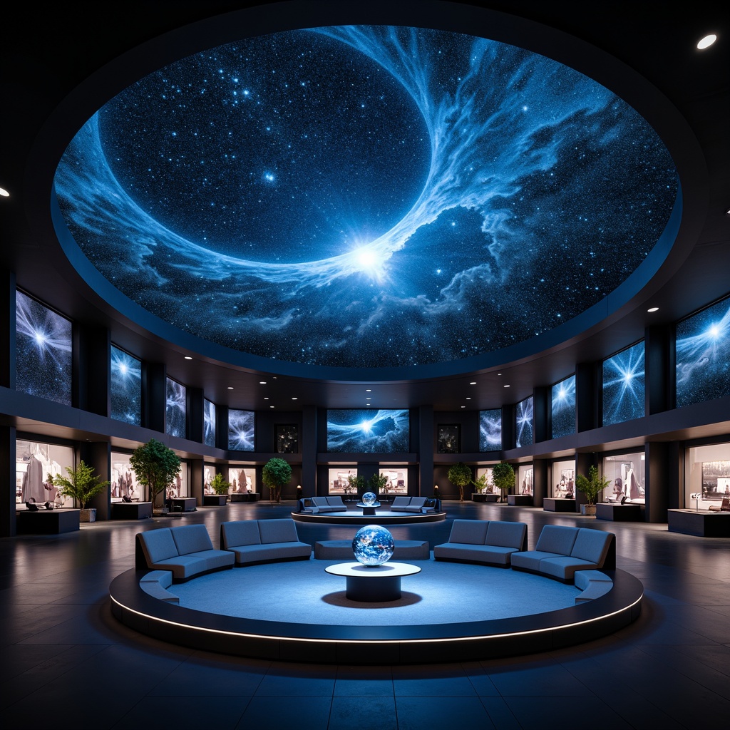 Prompt: Celestial planetarium dome, sleek international style architecture, dark blue-gray walls, polished stainless steel accents, minimalist exhibit spaces, futuristic astronomy instruments, starry night sky projections, soft ambient lighting, LED constellation displays, circular seating areas, dark floors, high ceilings, dramatic spotlights, atmospheric fog effects, 3D astronomical visualizations, panoramic viewing experiences, realistic planetary textures, shallow depth of field, cinematic lighting transitions.