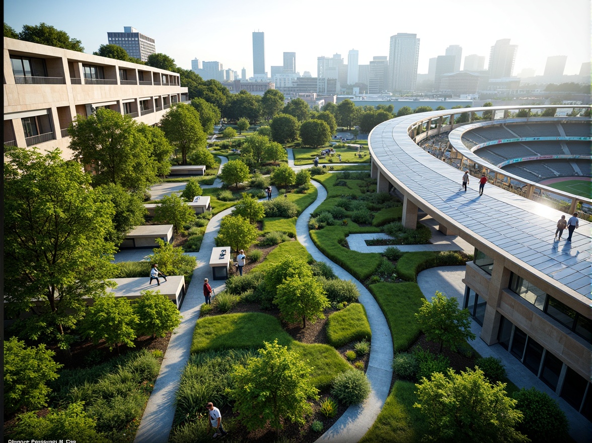 Prompt: \Green stadium rooftop, lush vegetation, winding walking trails, elevated viewpoints, panoramic cityscape views, modern curvilinear architecture, sleek glass fa\u00e7ades, cantilevered upper tiers, exposed steel beams, vibrant color schemes, dynamic LED lighting, natural stone cladding, cantilevered roofs, solar panel integration, rainwater harvesting systems, eco-friendly materials, optimized natural ventilation, shaded spectator areas, tiered seating arrangements, 1/2 composition, low-angle shot, dramatic backlighting.\