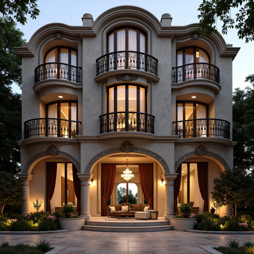 Prompt: Grand residential facade, intricately carved stonework, ornate balconies, lavish cornices, decorative pilasters, curved lines, sweeping arches, grand entranceways, imposing columns, marble flooring, crystal chandeliers, luxurious furnishings, rich velvet drapes, gilded accents, soft warm lighting, dramatic shading, 1/1 composition, detailed textures, ambient occlusion.