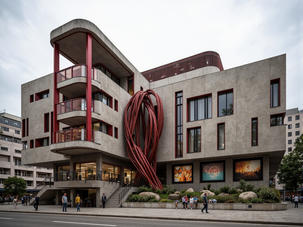 Prompt: Rustic university building, constructivist architecture, brutalist concrete walls, geometric patterned facades, industrial metal beams, abstract sculptural elements, vibrant red accents, natural stone foundation, asymmetrical composition, dynamic diagonal lines, abstract murals, avant-garde art installations, urban cityscape background, overcast sky, soft diffused lighting, 2/3 composition, realistic textures, ambient occlusion.