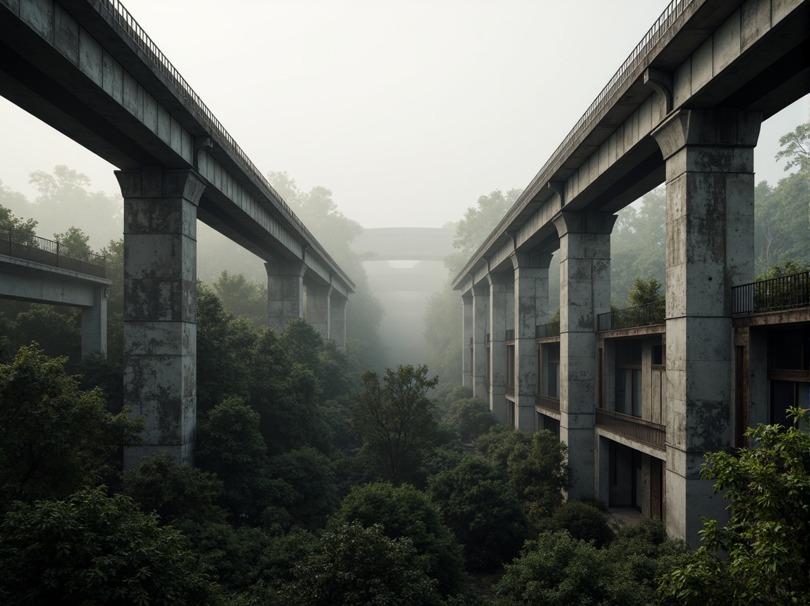 Prompt: Rugged brutalist bridges, industrial steel structures, raw concrete pillars, urban landscape integration, dense forest surroundings, misty morning atmosphere, soft warm lighting, cinematic composition, atmospheric perspective, muted color palette, rough stone walls, weathered wooden railings, overgrown vegetation, abandoned infrastructure, post-apocalyptic ambiance, dramatic fog effects, low-angle photography, symmetrical framing, high-contrast monochrome textures.