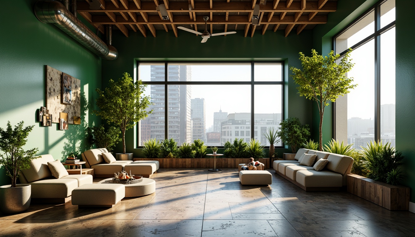 Prompt: Vibrant green walls, natural stone floors, wooden accents, living plants, organic shapes, soft warm lighting, cozy seating areas, panoramic views, floor-to-ceiling windows, minimal ornamentation, functional simplicity, exposed ductwork, polished metal fixtures, industrial chic aesthetics, urban modern architecture, bustling cityscapes, morning commute ambiance, gentle diffused light, shallow depth of field, 2/3 composition, realistic textures, ambient occlusion.