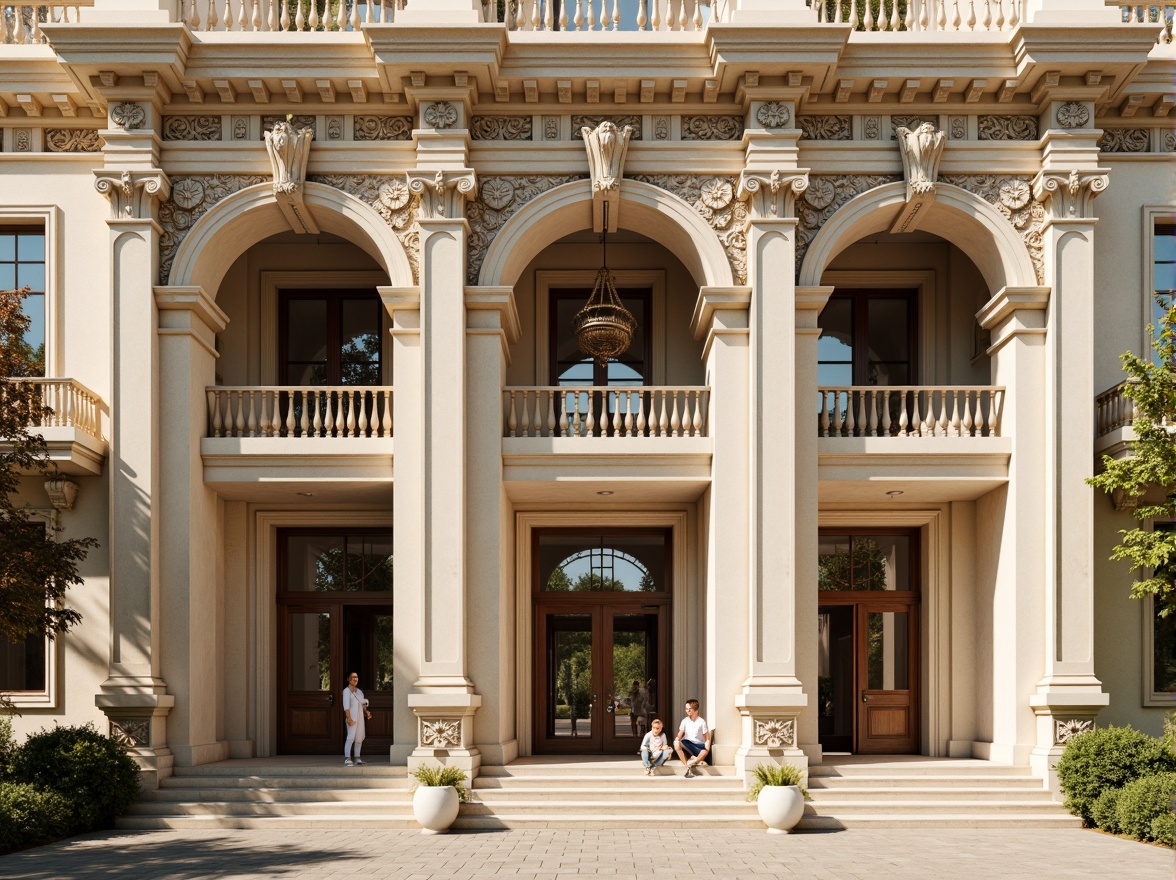 Prompt: Grandiose neoclassical facade, ornate columns, intricate carvings, symmetrical composition, rusticated base, grand entrance, majestic arches, ornamental balustrades, classical pediments, sculpted details, creamy stone walls, subtle texture variations, soft golden lighting, shallow depth of field, 2/3 composition, realistic reflections, ambient occlusion.Let me know if this meets your requirements!