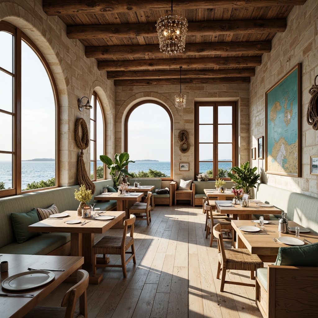 Prompt: Calming coastal dining hall, soft ocean breeze, warm sandy tones, driftwood accents, nautical ropes, porthole windows, distressed wooden planks, sea-glass chandeliers, coral-inspired patterns, turquoise hues, creamy whites, weathered stone walls, natural linen upholstery, vintage sailing maps, rustic metal lanterns, sunny afternoon light, soft focus, 1/2 composition, atmospheric perspective.