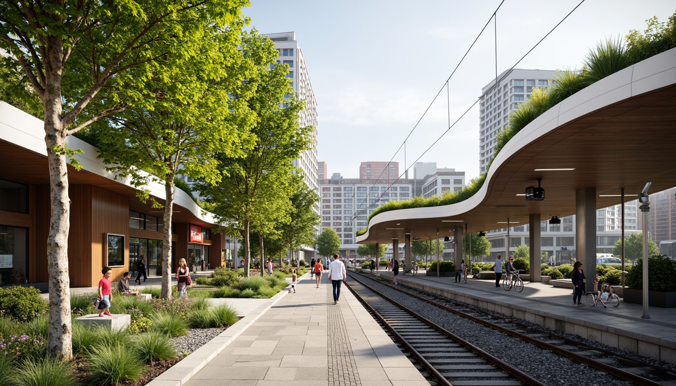 Prompt: Eco-friendly train station, lush green roofs, solar panels, rainwater harvesting systems, natural ventilation, large windows, abundant daylight, energy-efficient lighting, recycled materials, minimal waste design, modern curvaceous architecture, cantilevered structures, open-air platforms, vibrant public art installations, urban gardens, pedestrianized zones, bicycle storage facilities, electric vehicle charging stations, misting systems, shaded outdoor spaces, natural stone flooring, wooden accents, organic shapes, soft warm lighting, shallow depth of field, 3/4 composition, panoramic view.