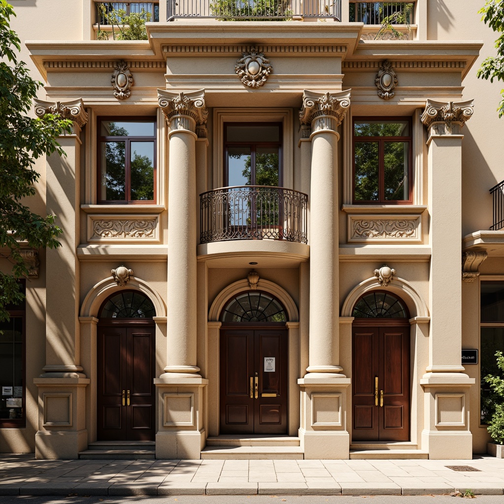 Prompt: Ornate Renaissance-style dental clinic facade, intricately carved stone columns, ornamental pilasters, grand arches, decorative cornices, rusticated quoins, glazed terracotta tiles, warm beige stucco walls, elegant entrance portals, polished brass door handles, stained glass windows, rich wooden accents, classical pediments, subtle molding details, soft afternoon sunlight, shallow depth of field, 2/3 composition, realistic textures, ambient occlusion.